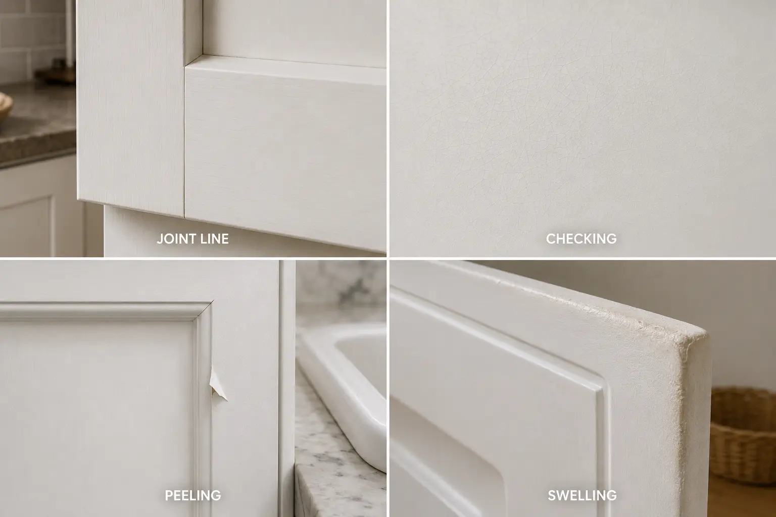 Comparison of joint-line cracking, paint checking, peeling and moisture swelling on white cabinets