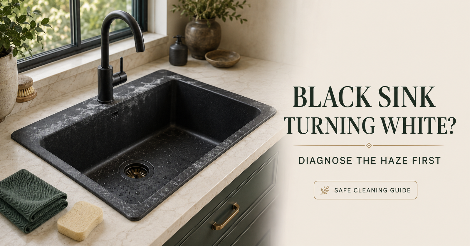 Black composite sink turning white with visible white haze near the faucet