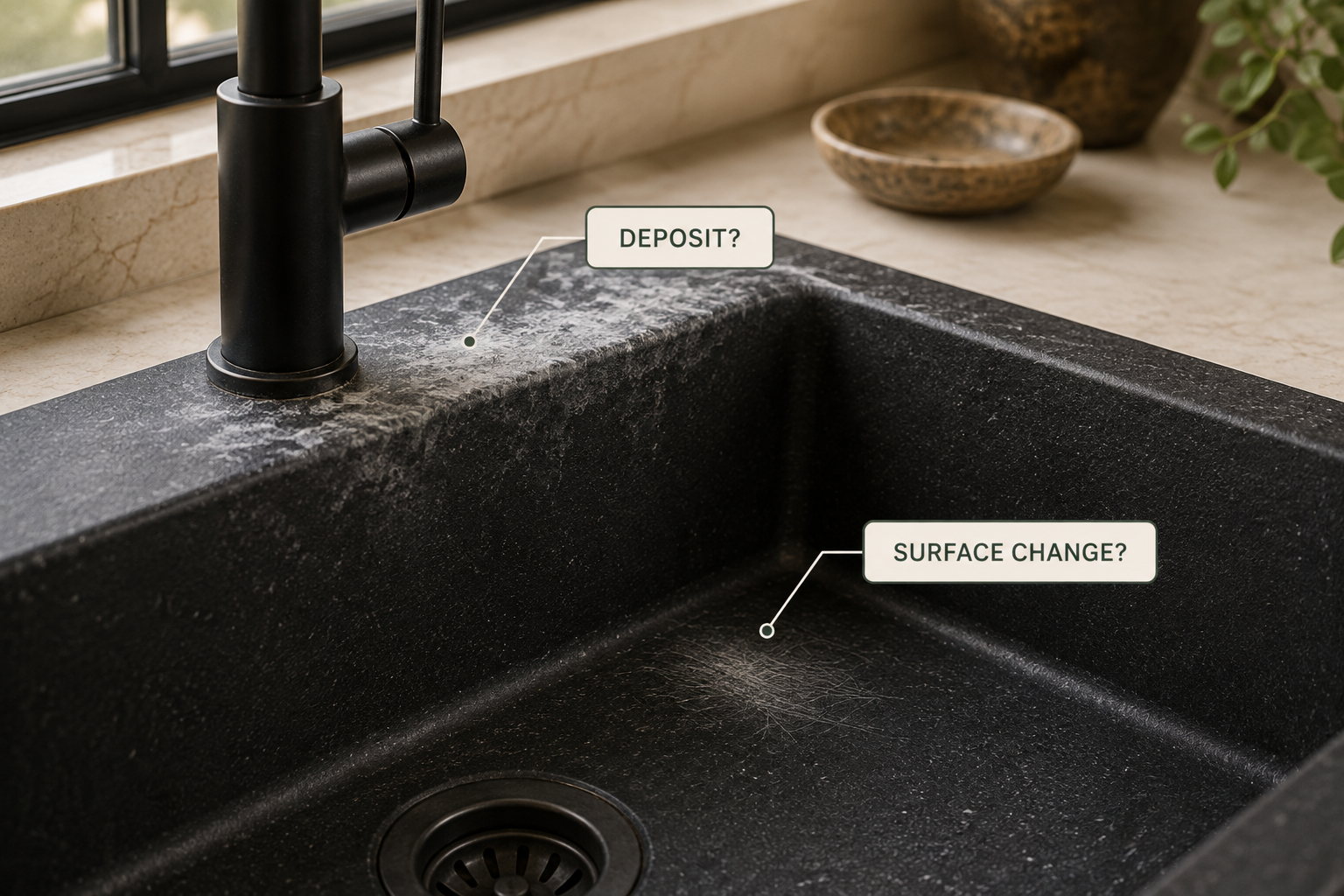 Black composite sink white haze showing mineral deposit and abrasion clues