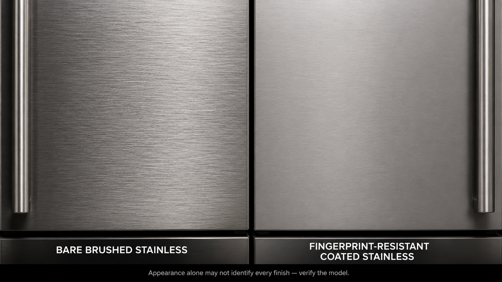 Bare brushed stainless refrigerator finish compared with fingerprint-resistant coated stainless steel