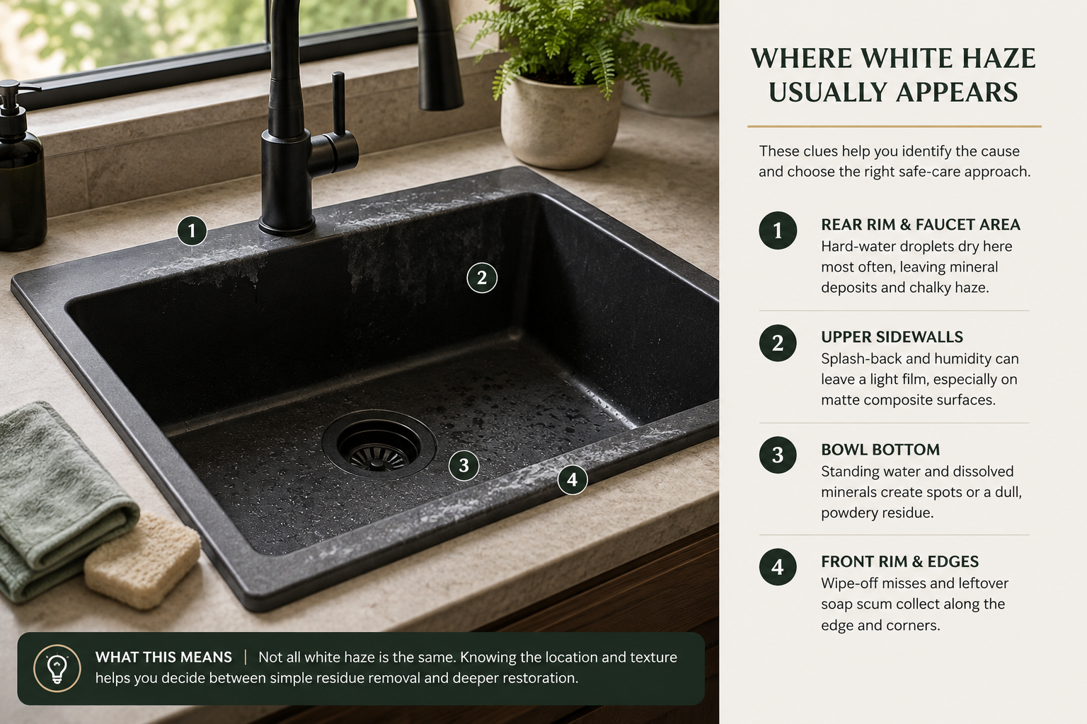 Black composite sink illustrating residue removal versus temporary surface darkening
