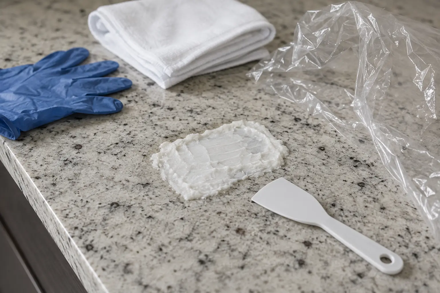 White poultice applied to an oil-stained area on natural granite with safe tools nearby