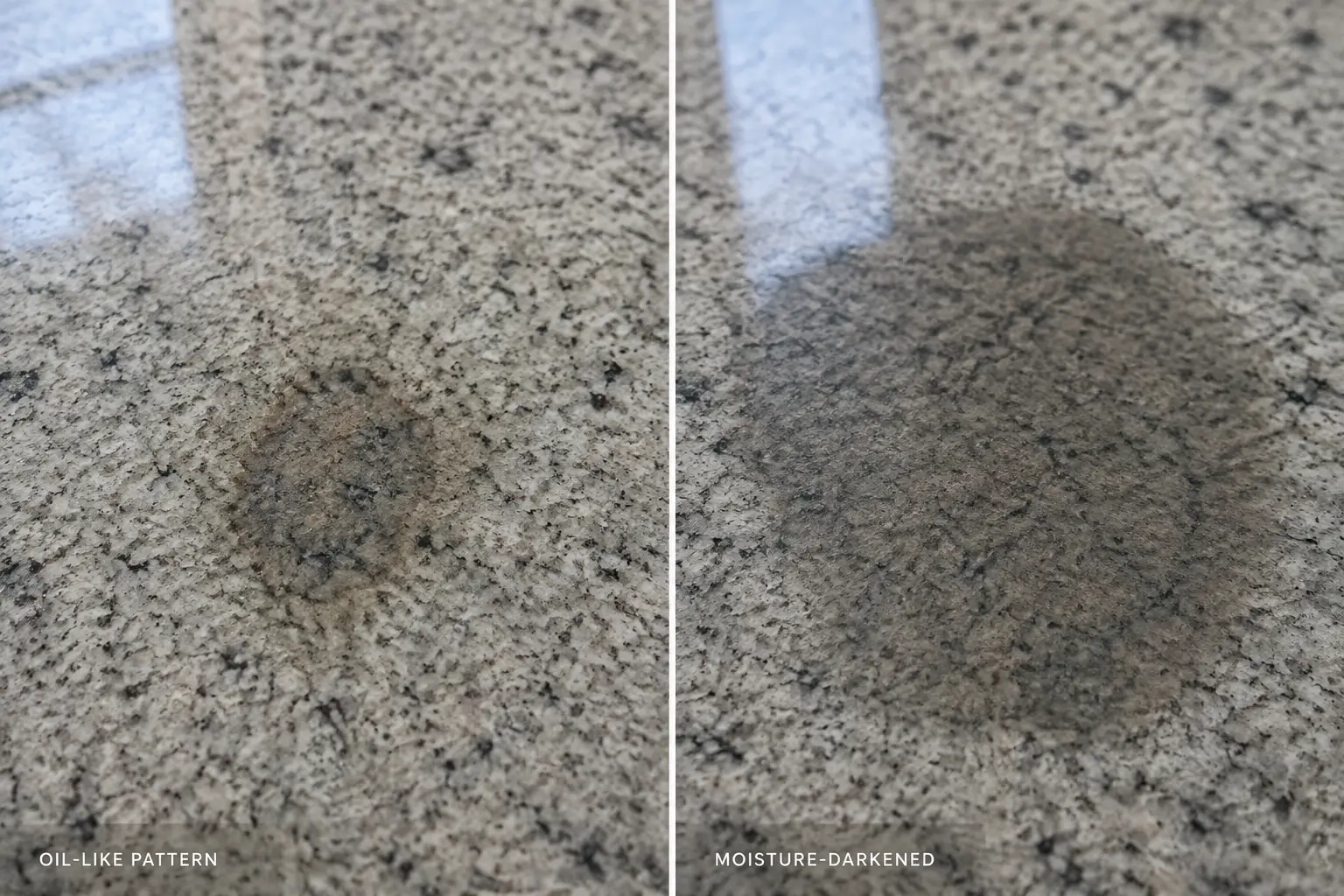 Oil-like stain pattern compared with temporary moisture darkening on natural granite