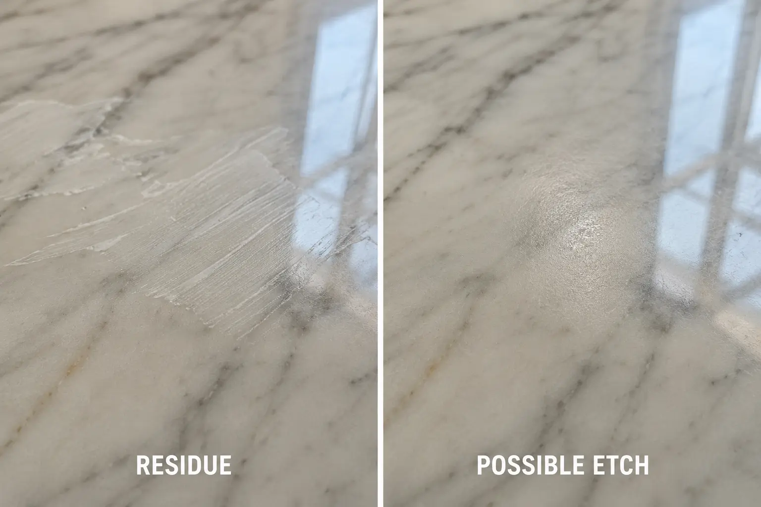 Marble vinegar etch mark compared with cleaner residue