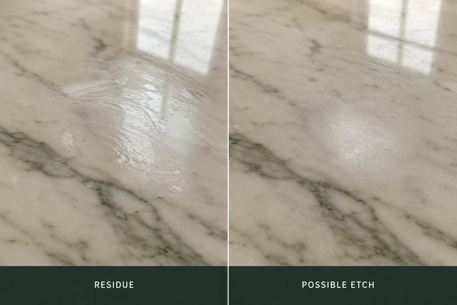 Marble vinegar etch mark compared with removable cleaner residue