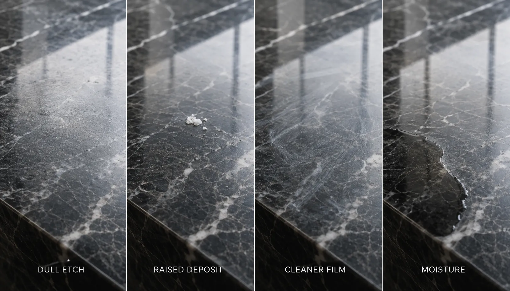 White marks on marble compared as a dull etch, raised mineral deposit, cleaner film and moisture darkening