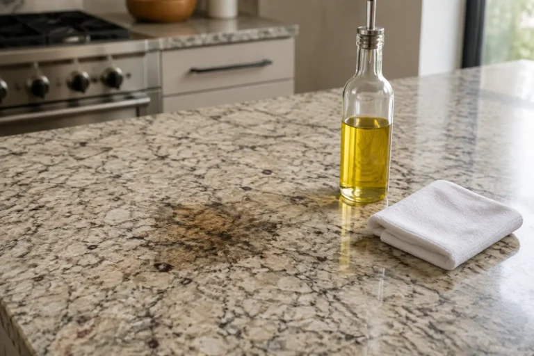 Oil stain on granite countertop beside a cooking oil bottle and clean cloth