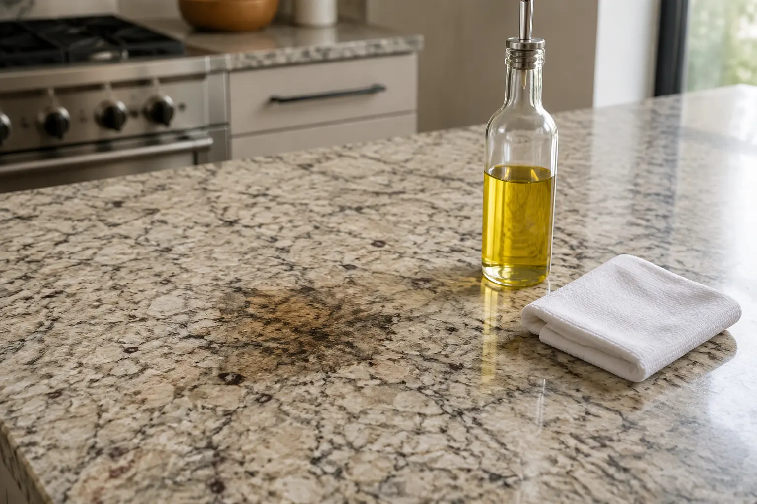 Oil stain on granite countertop beside a cooking oil bottle and clean cloth