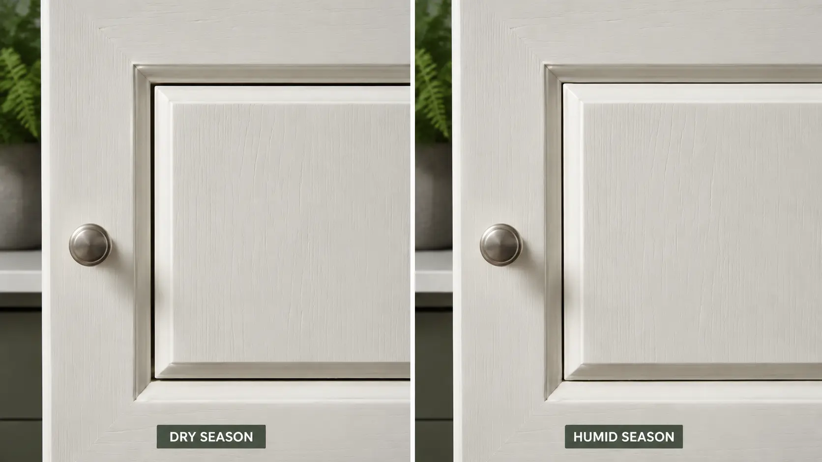 Dry-season and humid-season movement of a white painted cabinet floating center panel