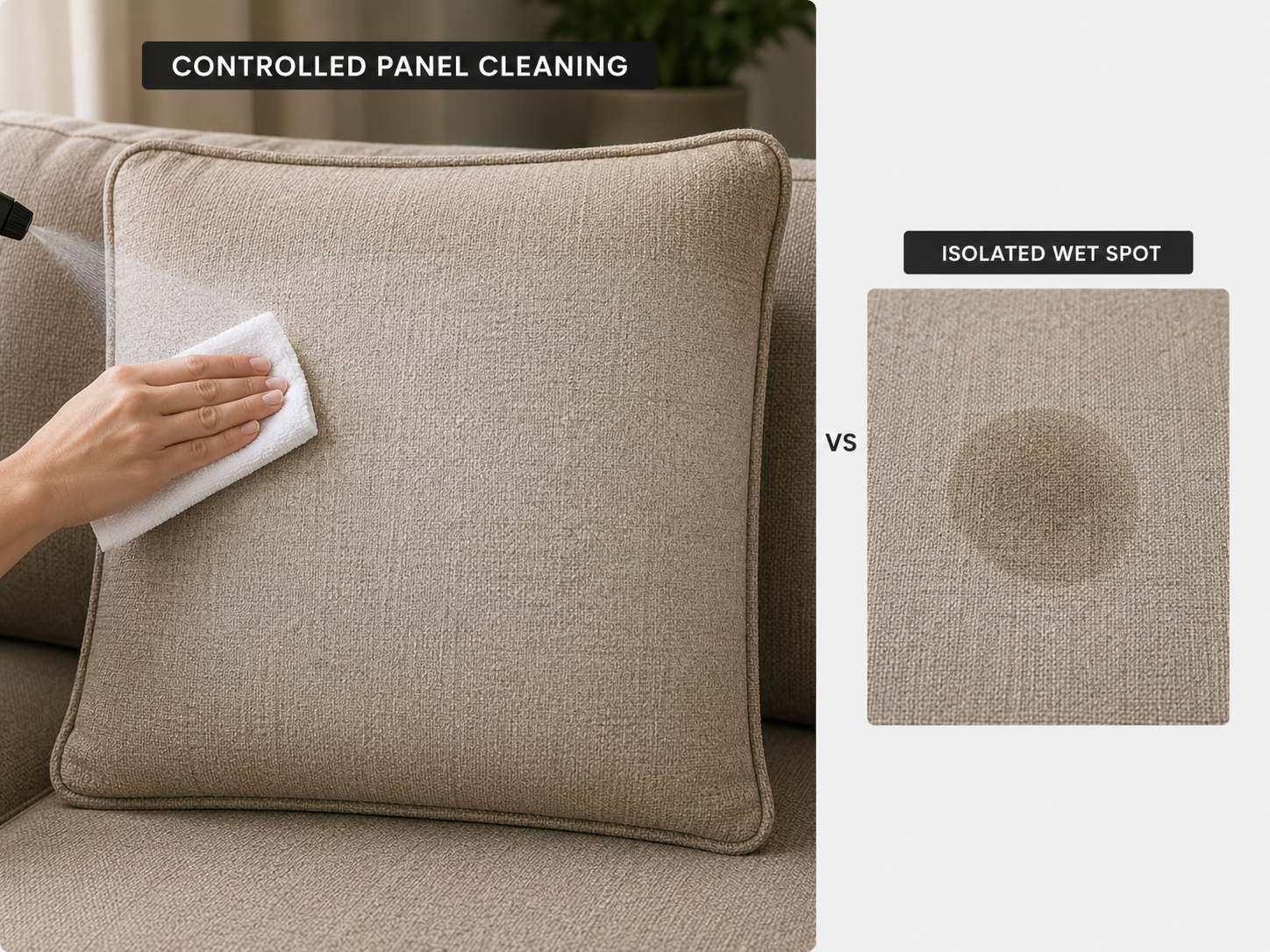 Performance fabric cushion showing controlled seam-to-seam cleaning compared with an isolated wet spot that can create a water ring