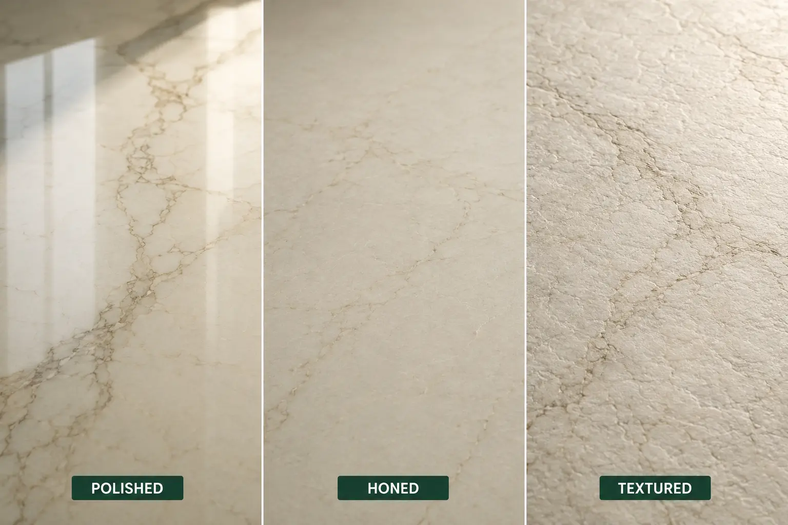Polished honed and textured marble finishes before etch repair