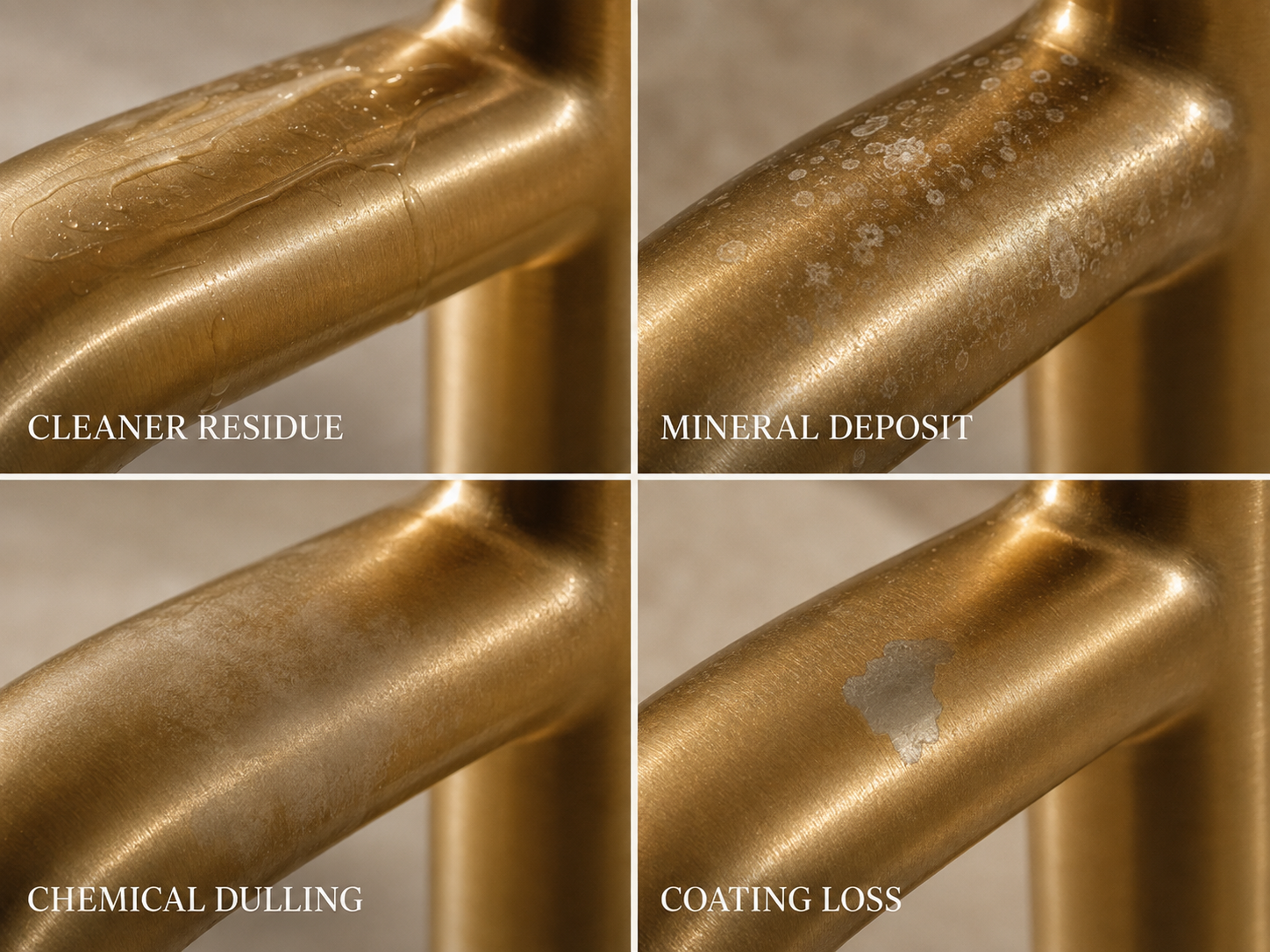 PVD faucet showing cleaner residue, mineral deposits, chemical dulling and coating loss