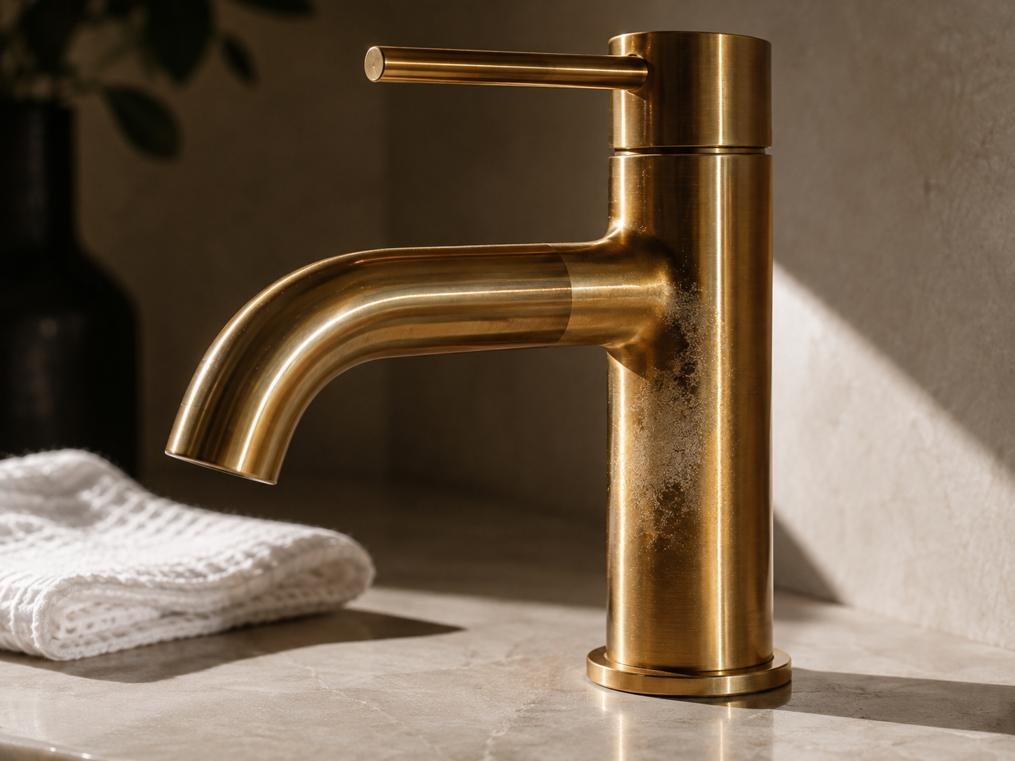 PVD faucet inspected under side light showing a normal reflective area beside a dull cloudy patch