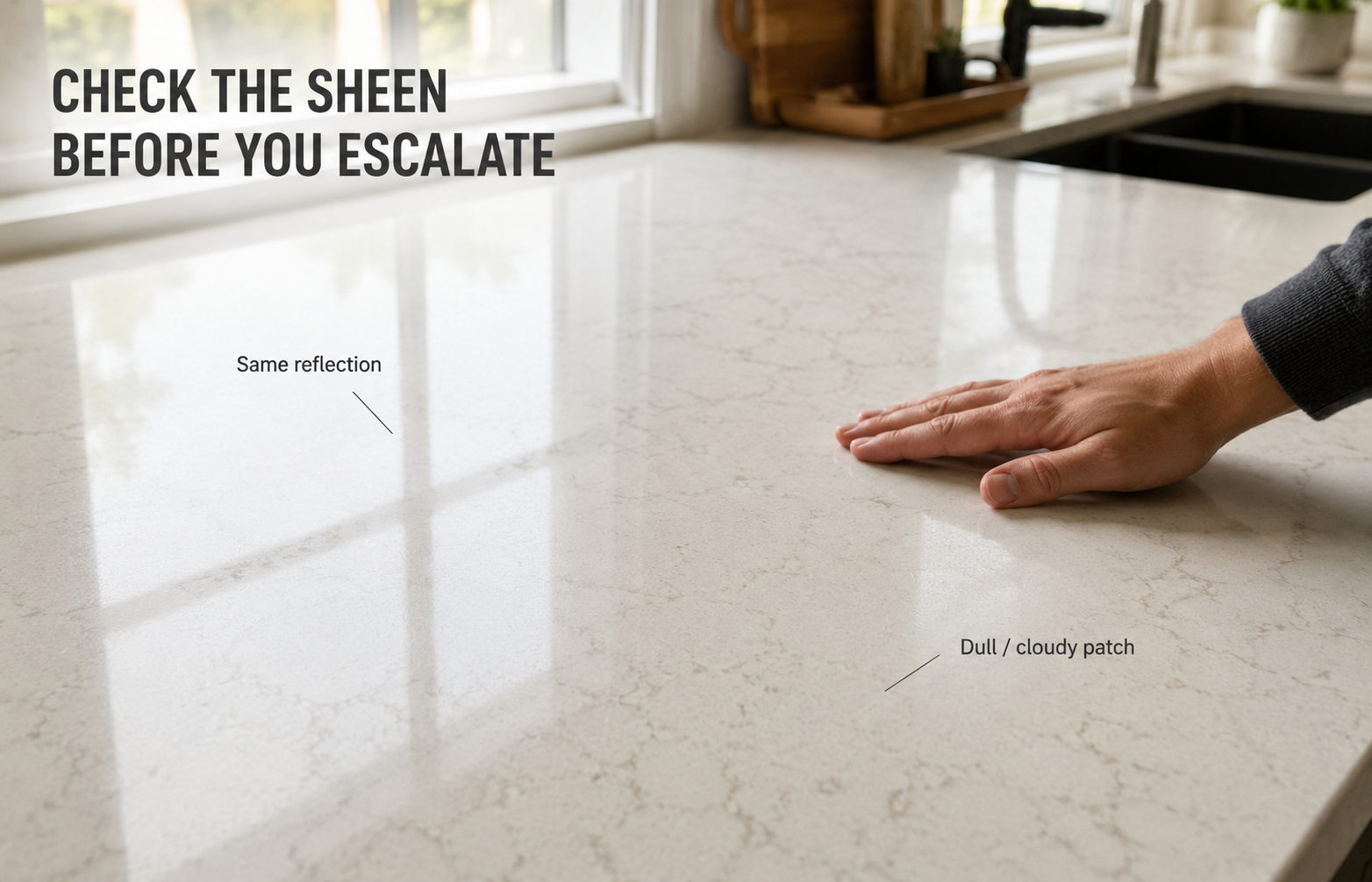 Checking quartz countertop sheen under side lighting after rust stain cleaning