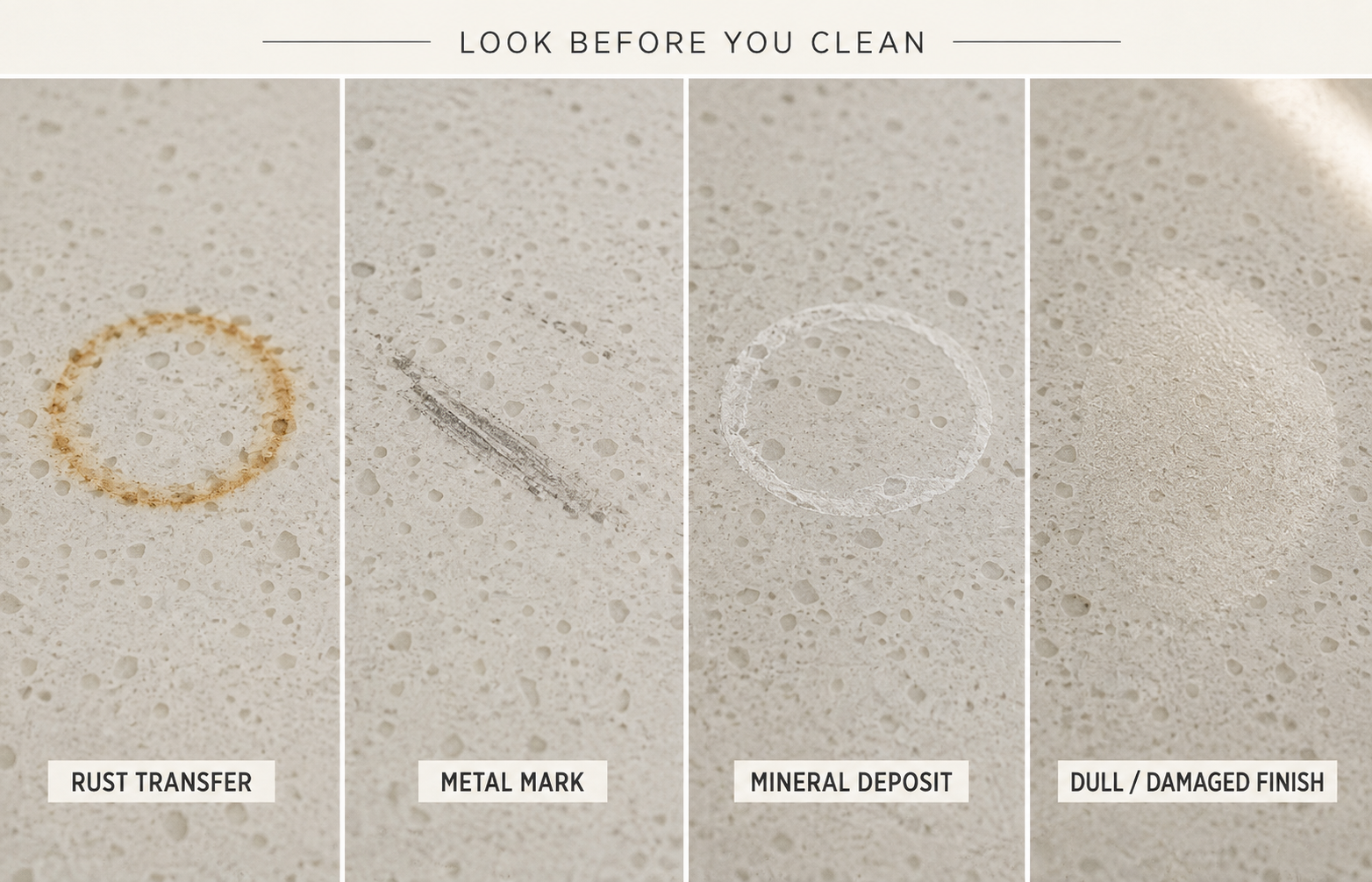 Rust stain versus metal mark, mineral deposit and dull finish on quartz countertop