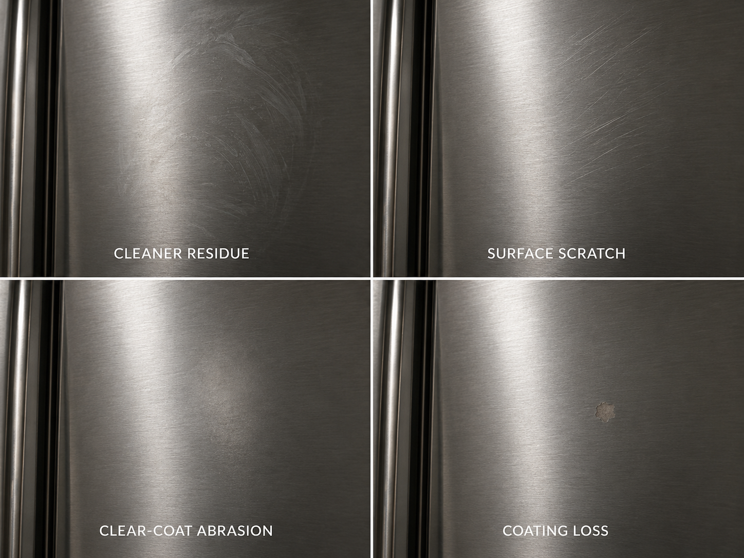 Stainless steel refrigerator showing cleaner residue, surface scratches, clear-coat abrasion and coating loss