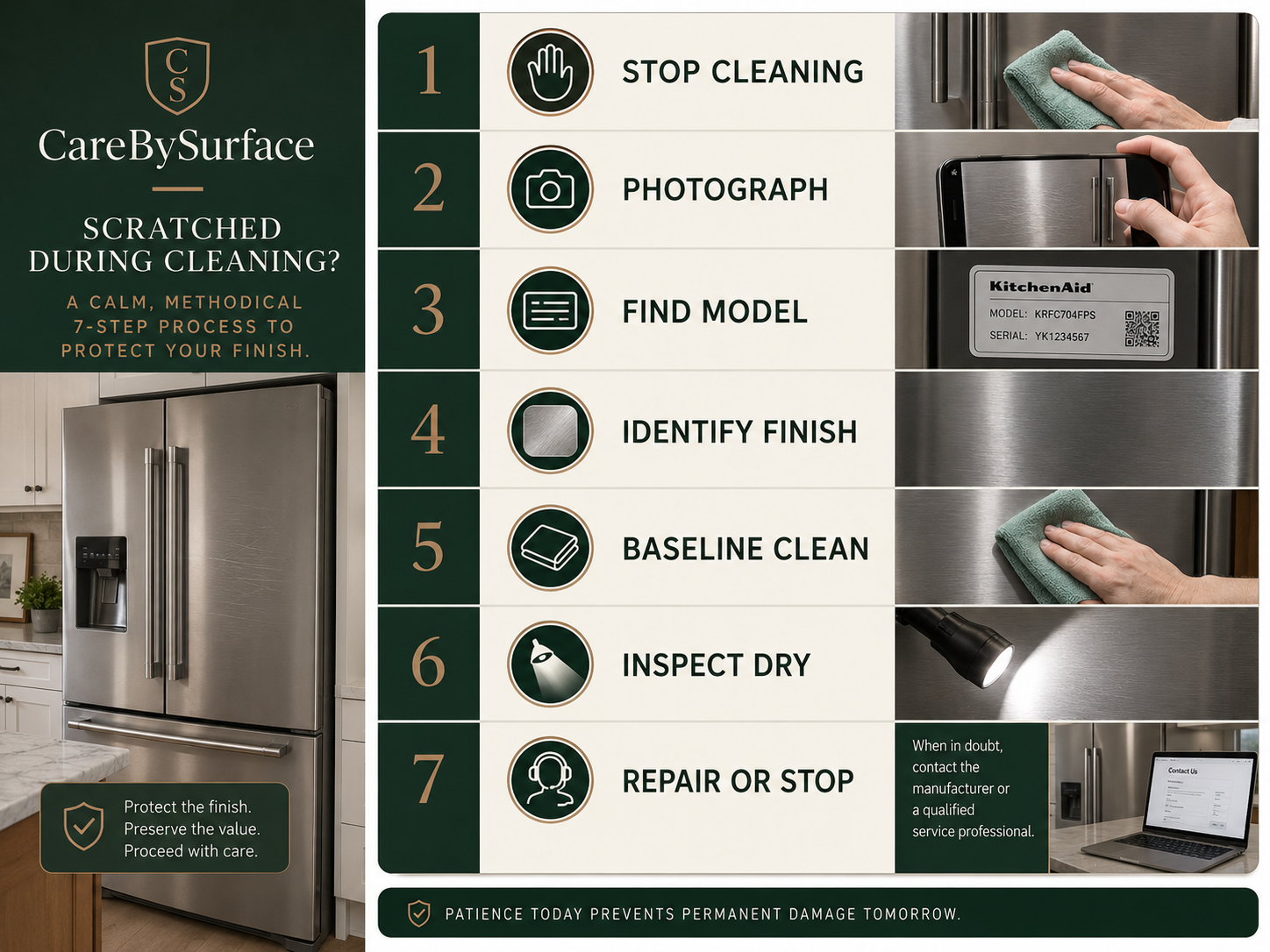 Seven safe recovery steps after scratching a stainless steel fridge during cleaning