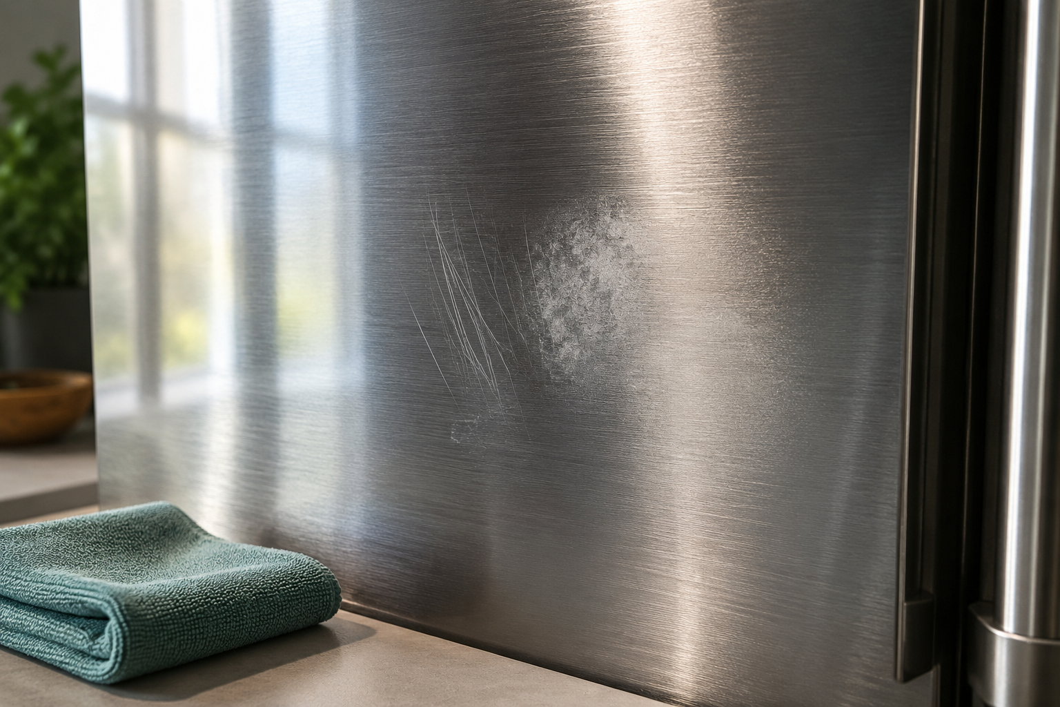 Stainless refrigerator door inspected under angled side light showing fine scratches and a cloudy damaged patch
