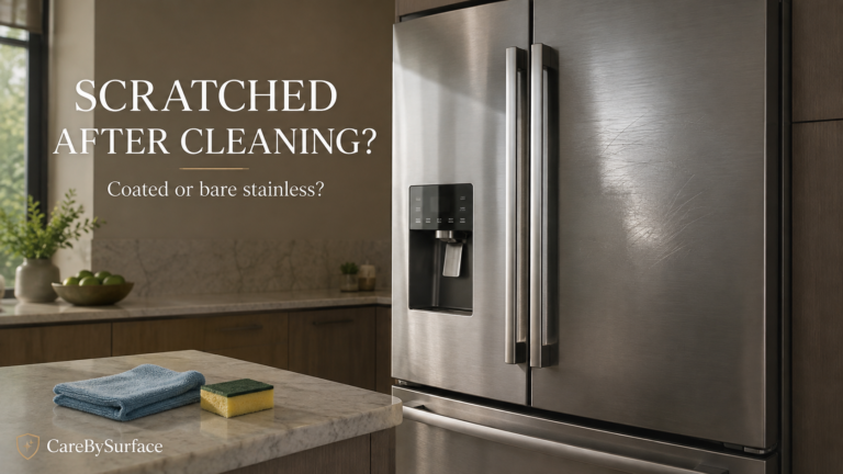 Stainless steel fridge scratched after cleaning with a cloudy abrasive patch on the door