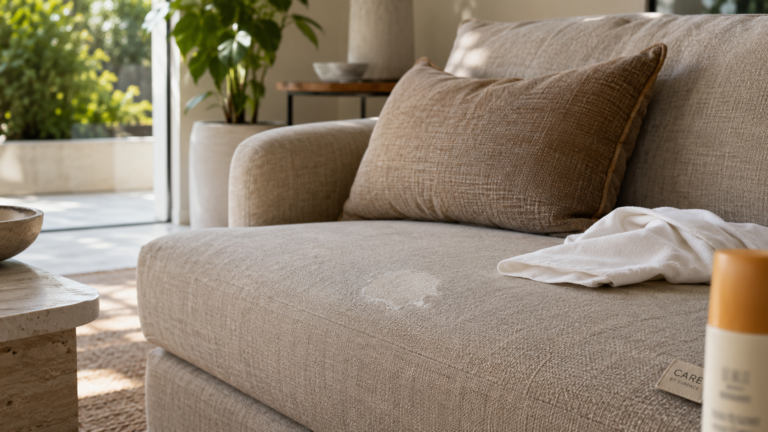 Sunscreen stain on performance fabric couch being checked before safe cleaning