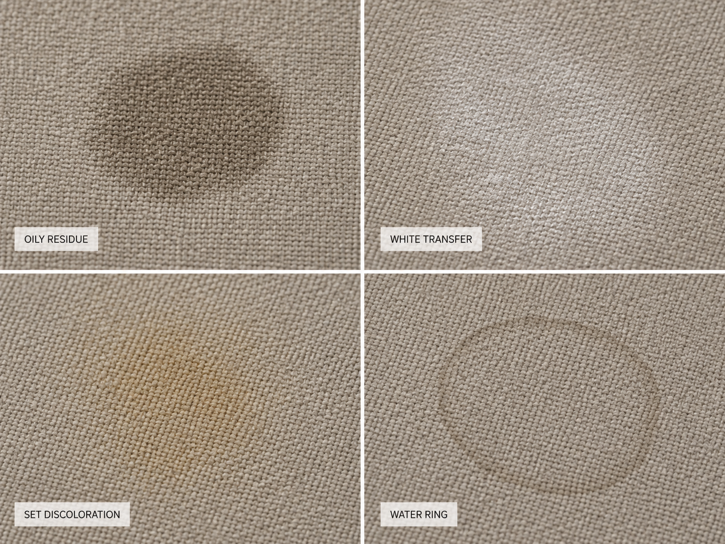 Sunscreen stain on performance fabric couch showing oily residue, white transfer, set discoloration and water ring