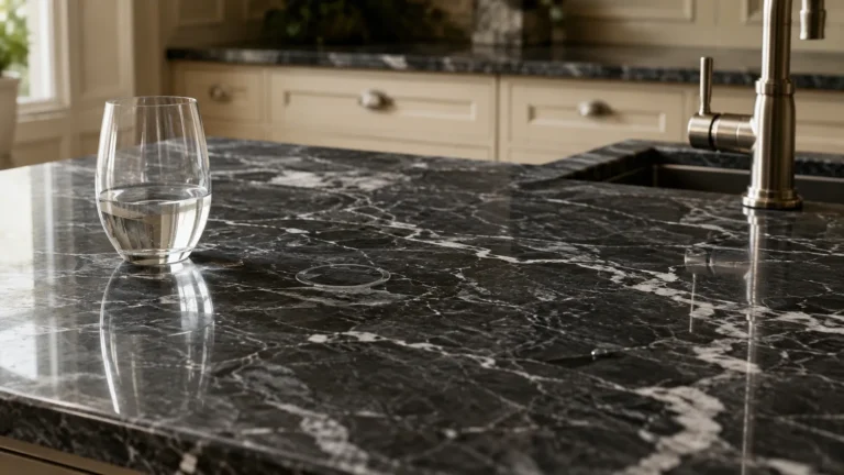 White marks on marble shown as a dull ring and a small raised mineral deposit