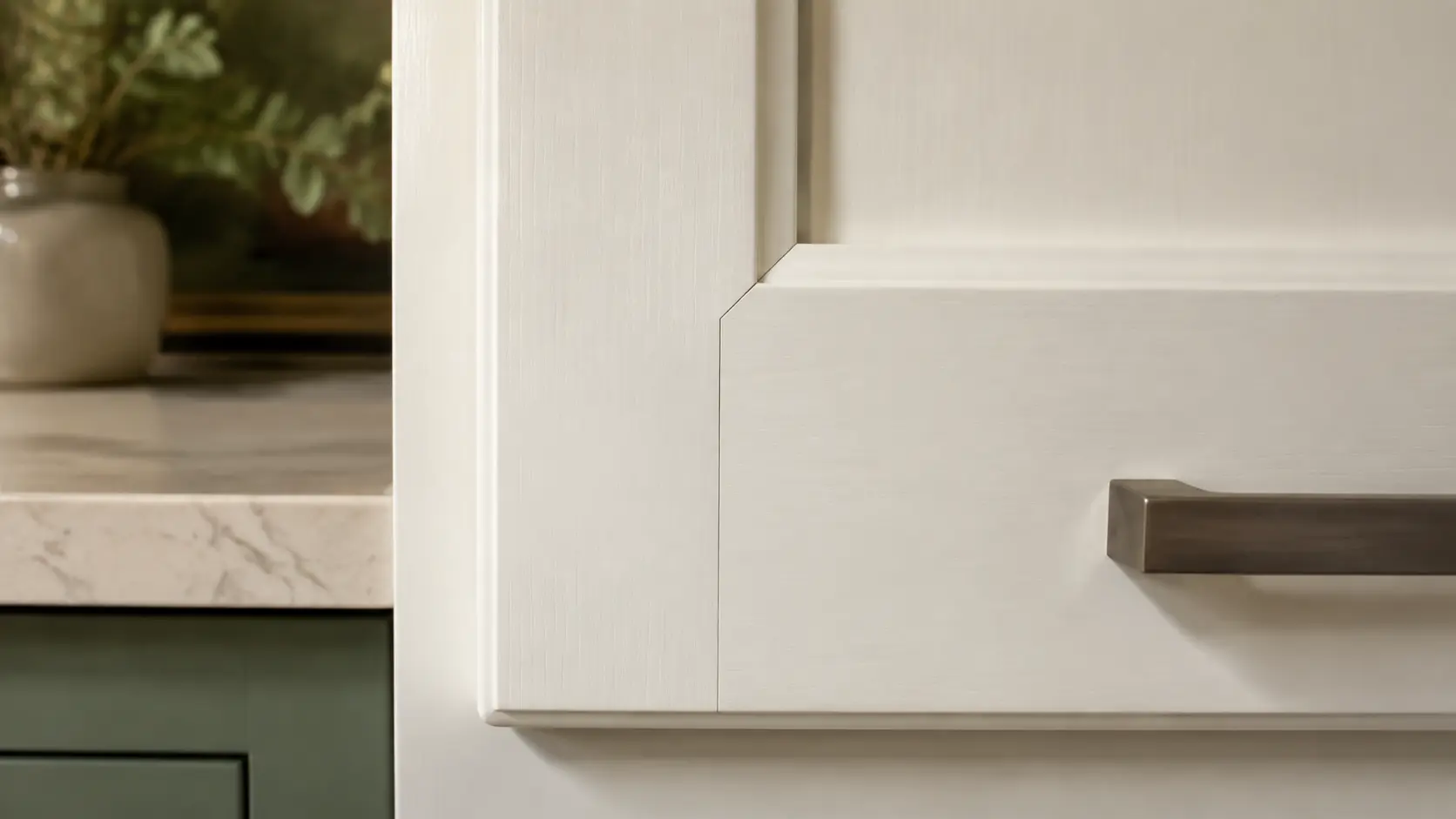 White painted cabinets cracking along the corner joint of a cabinet door