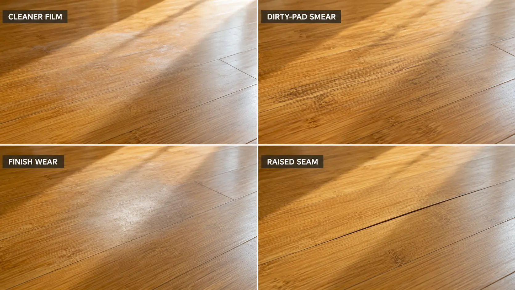 Bamboo floor cleaner film, dirty-pad smearing, finish wear and raised seam