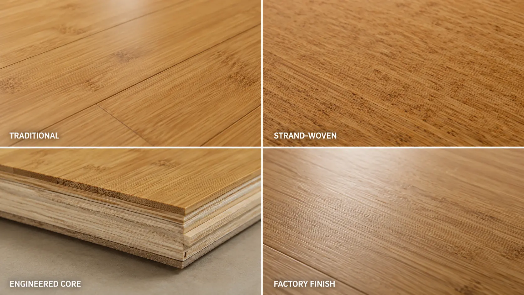 Traditional, strand-woven and engineered bamboo flooring with factory finish detail