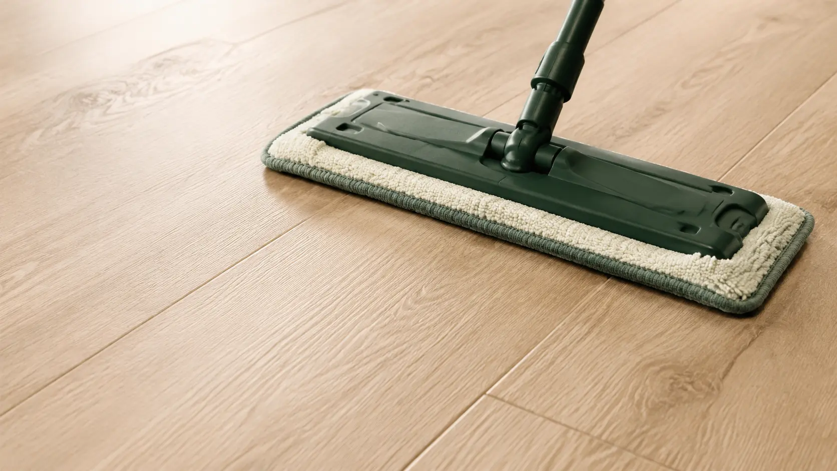 Barely damp microfiber pad cleaning LVP with no liquid collecting at plank seams