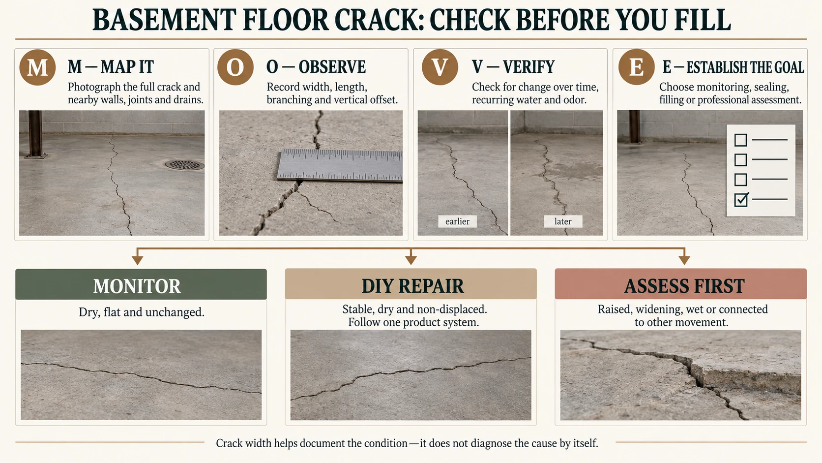 M.O.V.E. decision guide for checking a basement floor crack before filling