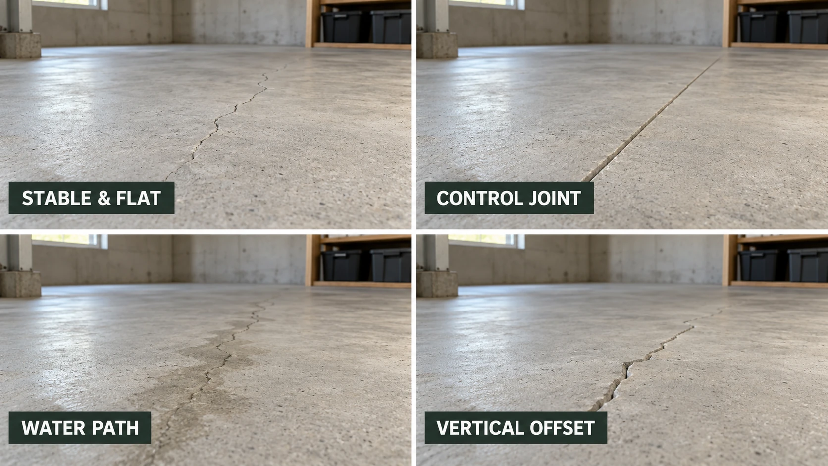 Stable basement floor crack, control joint, water path and vertical offset comparison