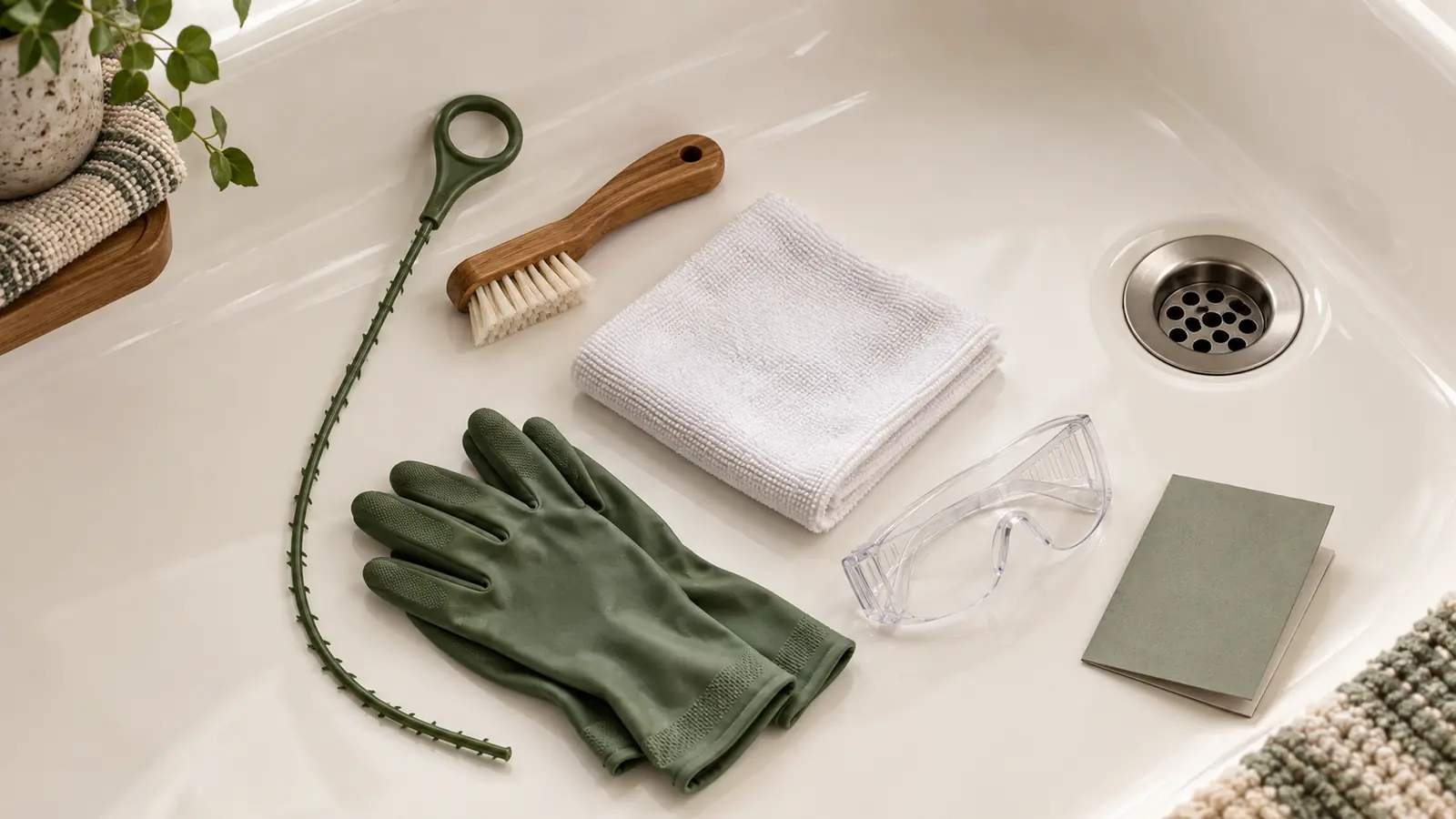 Nonmetal hair-removal tool, nylon brush, microfiber cloth, gloves and eye protection beside a bathtub drain
