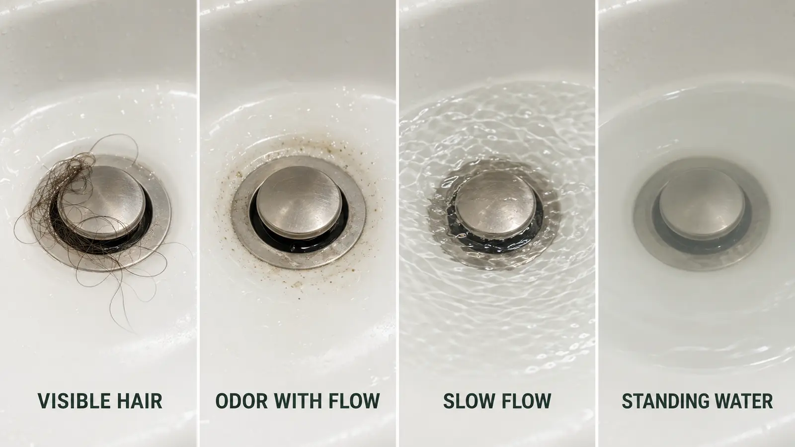 Bathtub drain comparison showing visible hair, odor residue, slow flow and standing water