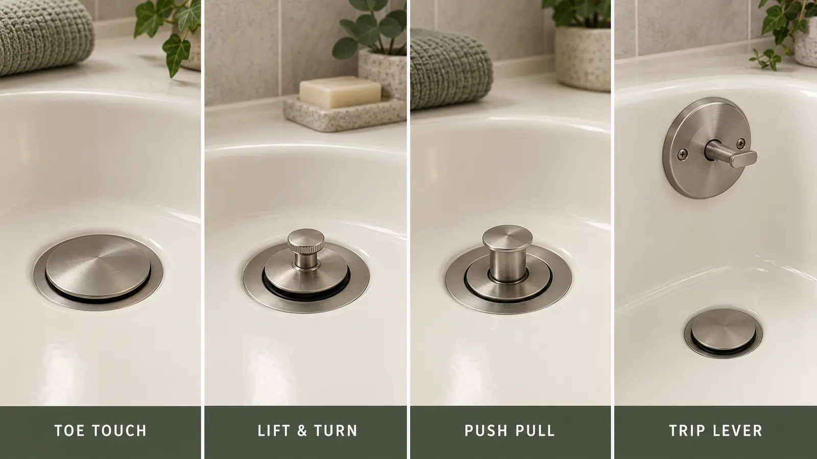 Toe-touch, lift-and-turn, push-pull and trip-lever bathtub drain stopper types