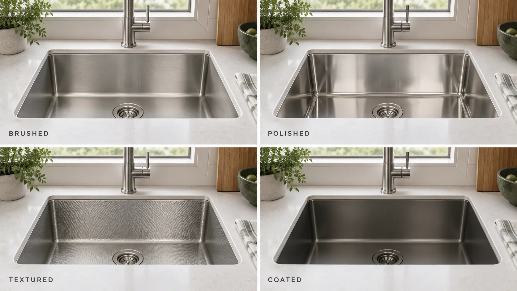 Brushed, polished, textured and coated stainless steel sink finishes