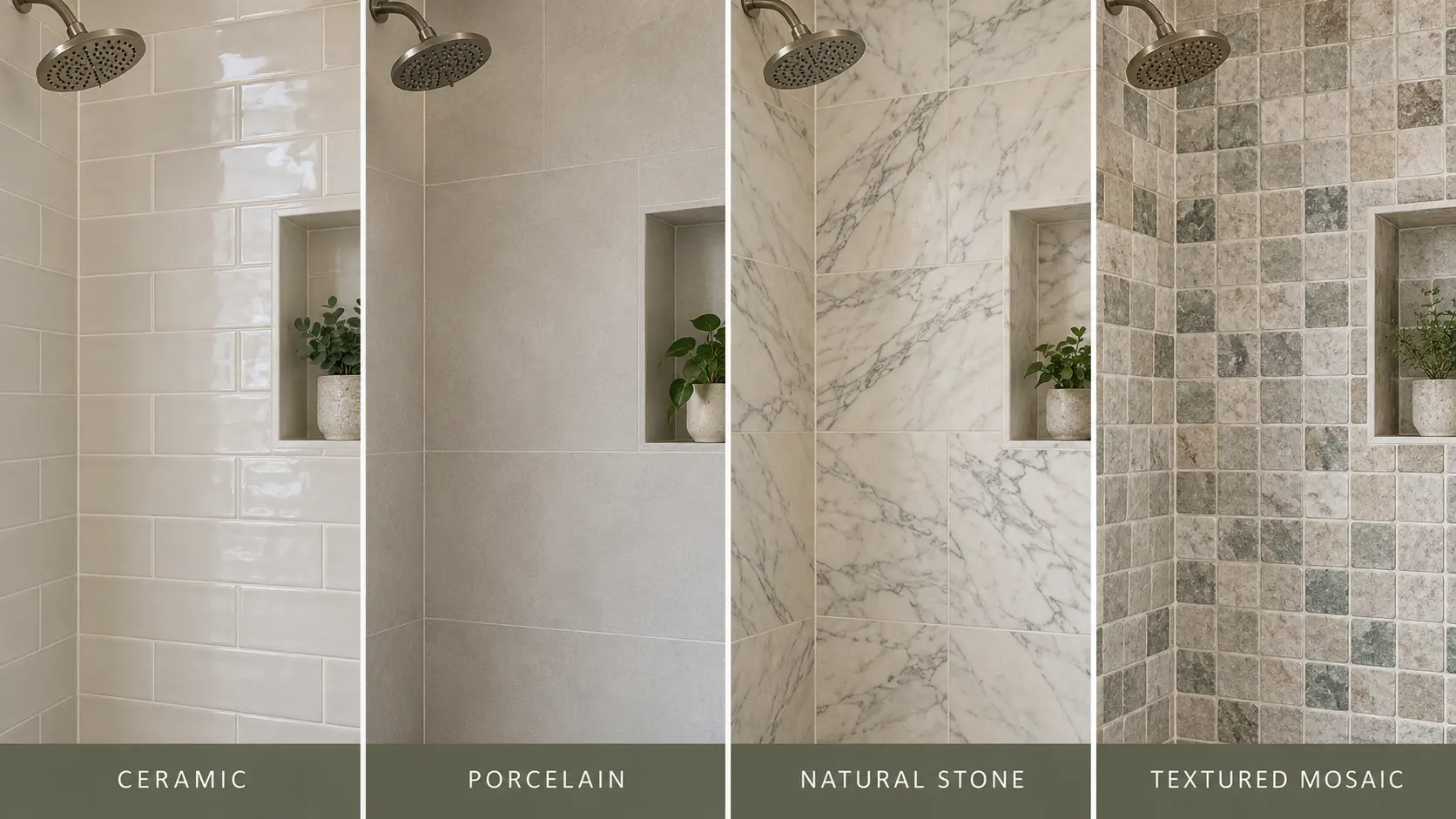 Ceramic, porcelain, natural-stone and textured mosaic shower tiles shown side by side