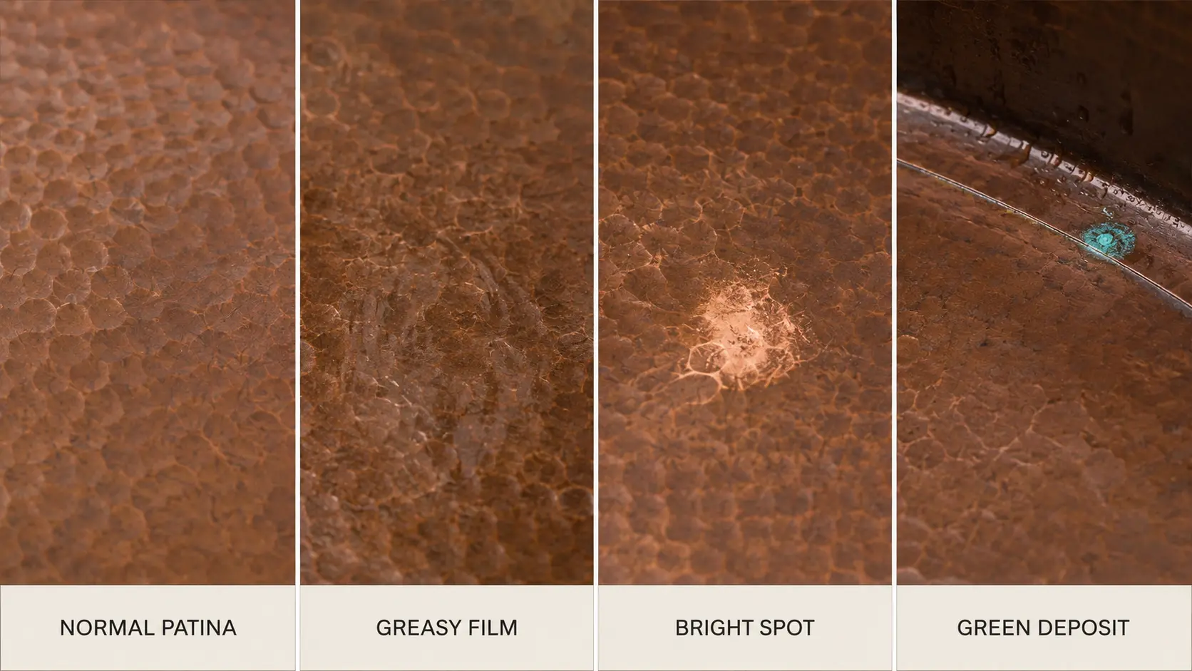 Copper sink patina compared with greasy film, a bright acid spot and green deposit