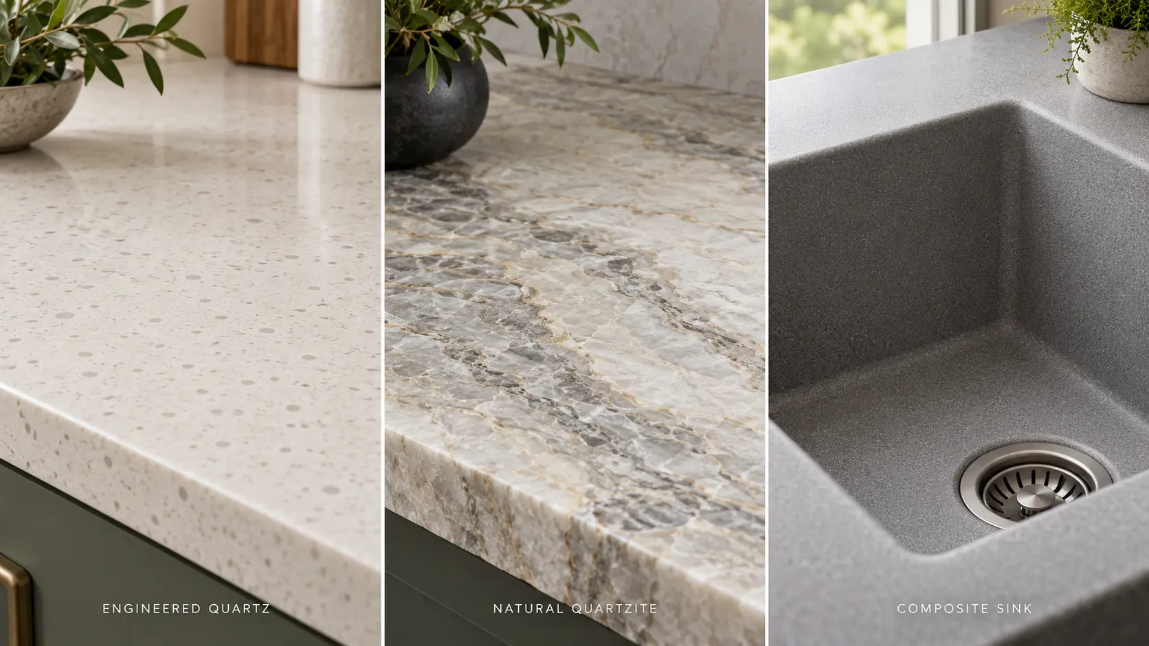 Engineered quartz compared with natural quartzite and a quartz composite sink