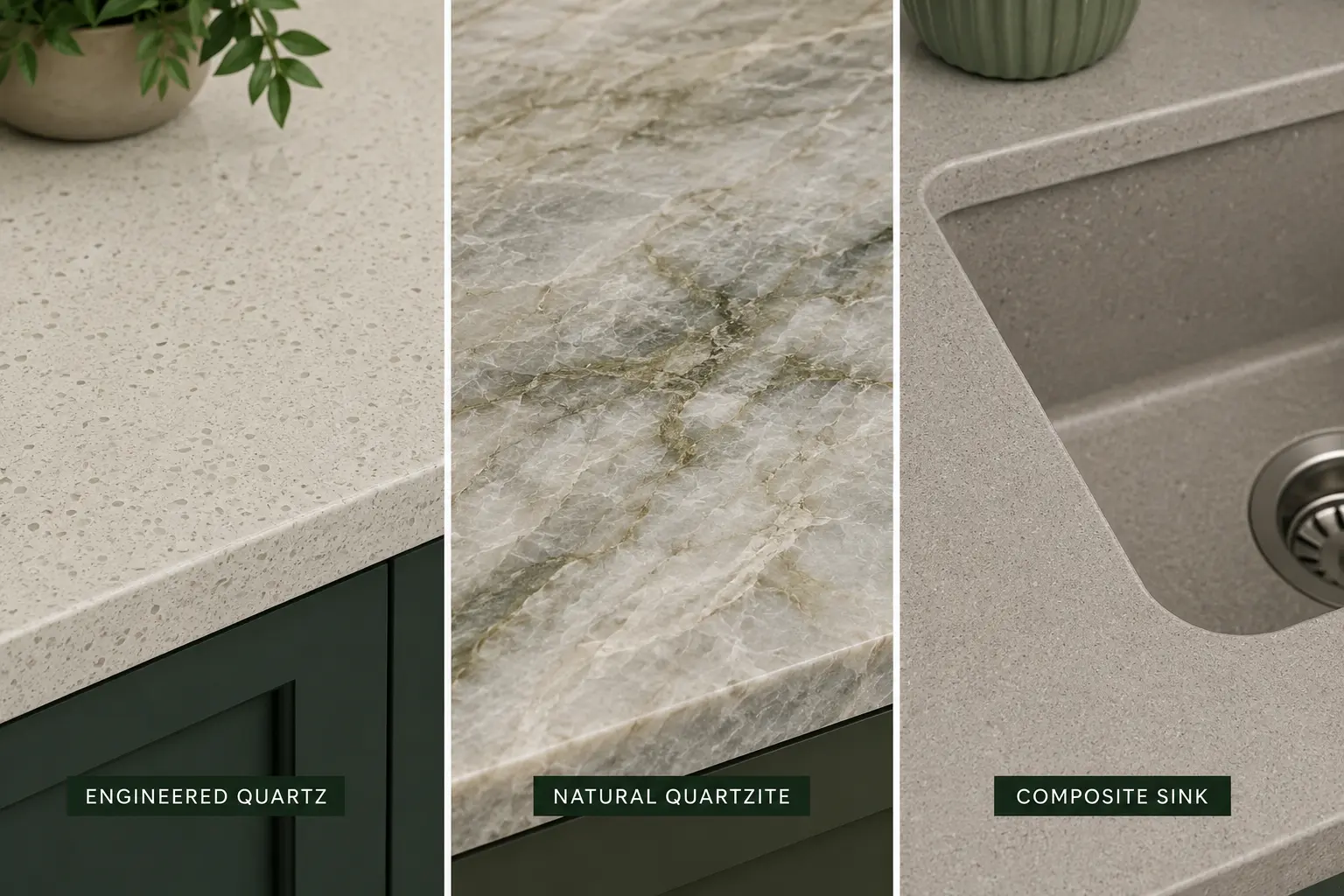 Engineered quartz compared with natural quartzite and a quartz composite sink