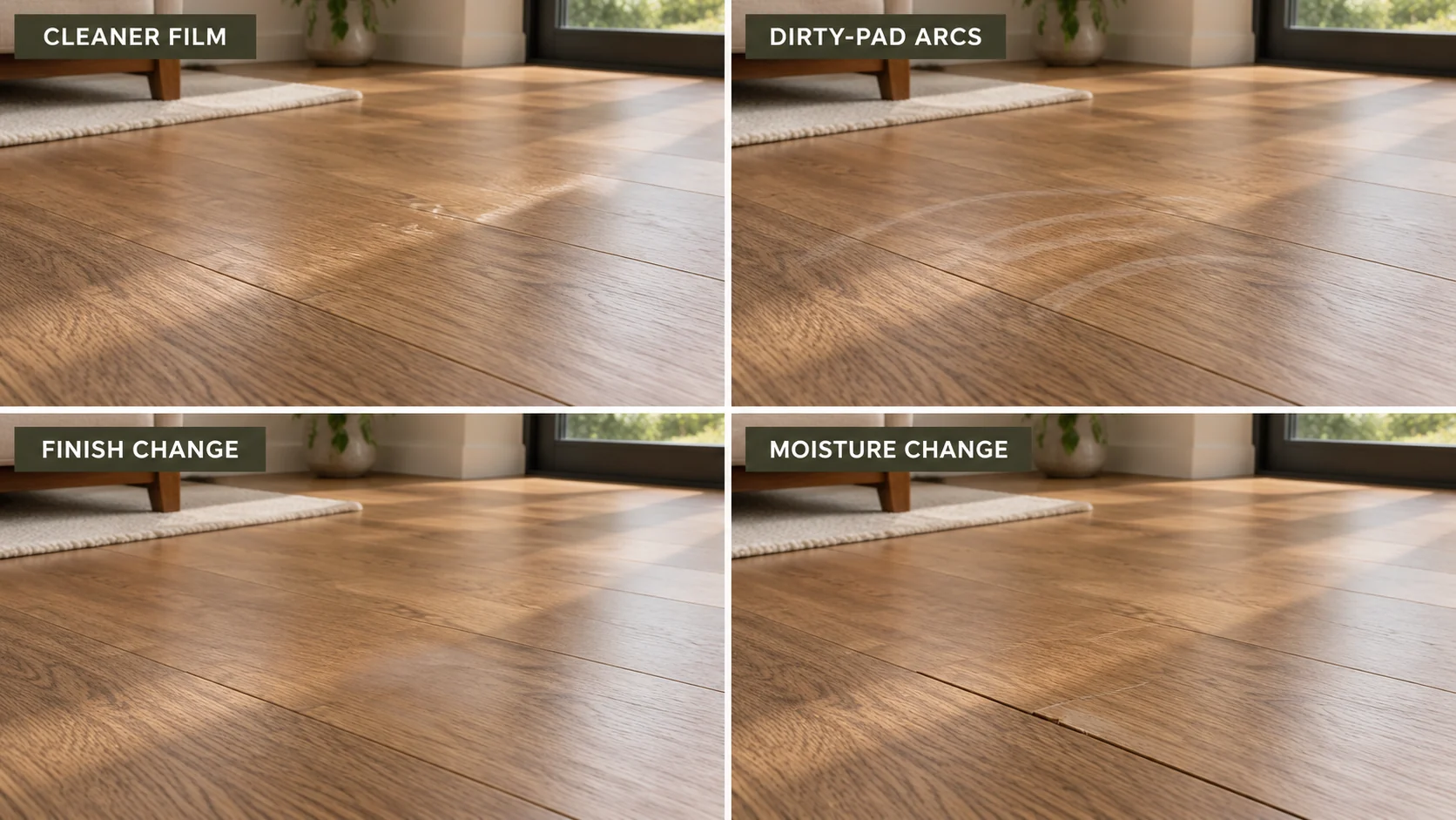Sealed wood, oiled wood, laminate, LVP, tile and natural stone floor surfaces