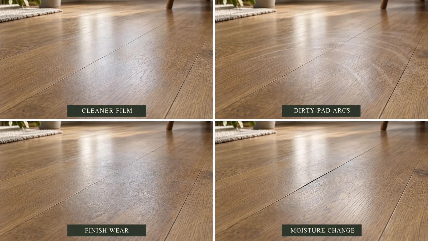 Floor cleaner film, dirty mop arcs, finish wear and moisture change