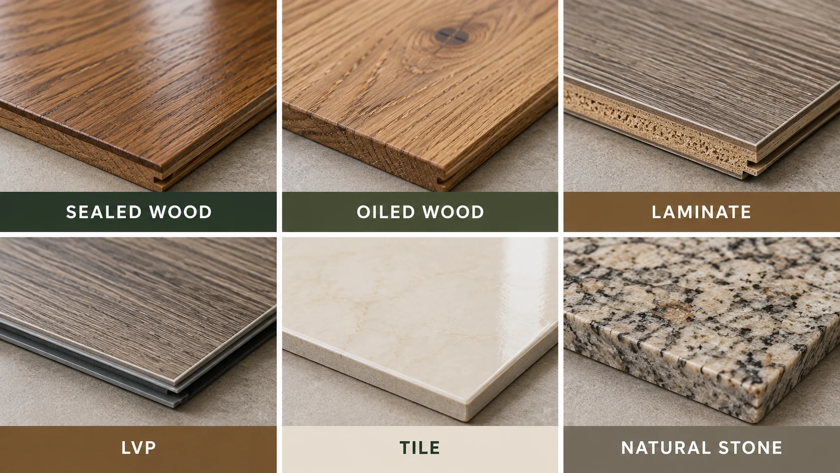 Sealed wood, oiled wood, laminate, LVP, tile and natural stone floor surfaces