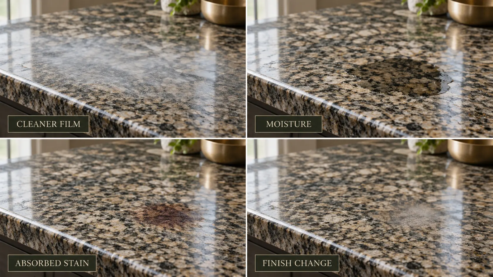 Cleaner film, moisture, absorbed stain and permanent finish change on polished granite