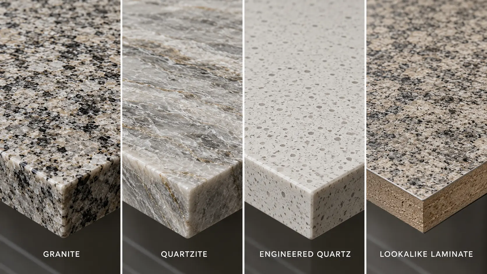 Natural granite, quartzite, engineered quartz and granite-look laminate countertop comparison