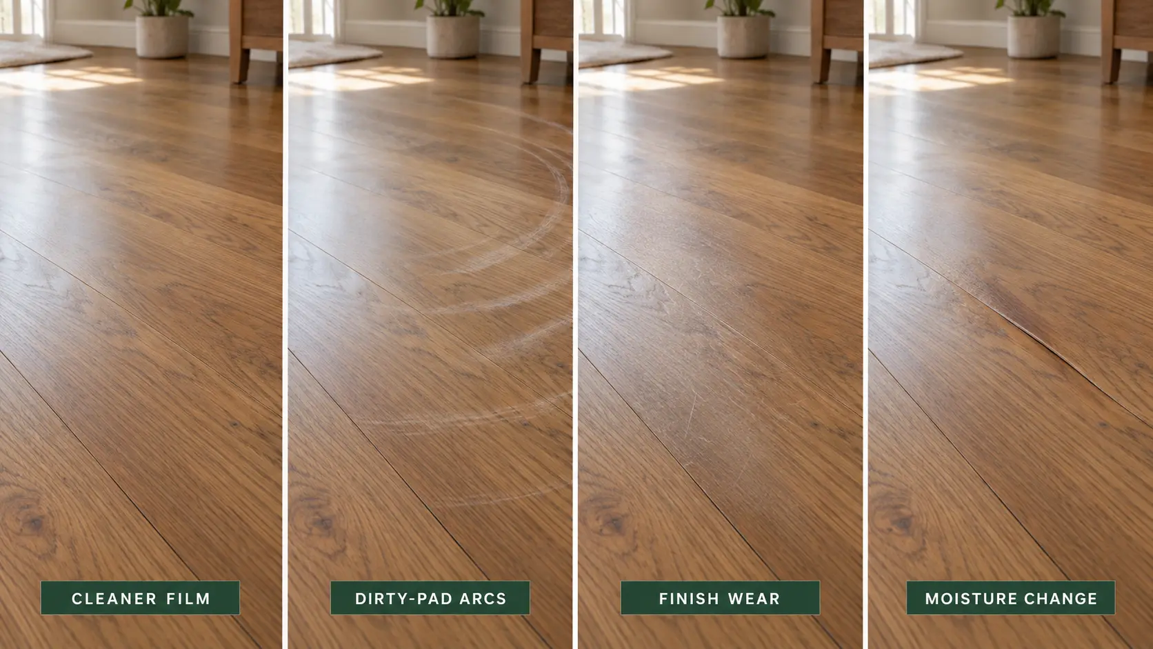 Hardwood cleaner film dirty mop arcs finish wear and moisture damage signs