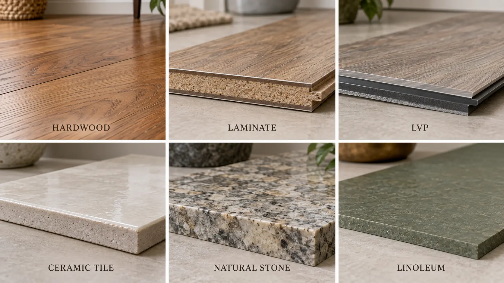 Hardwood, laminate, LVP, ceramic tile, natural stone and linoleum comparison
