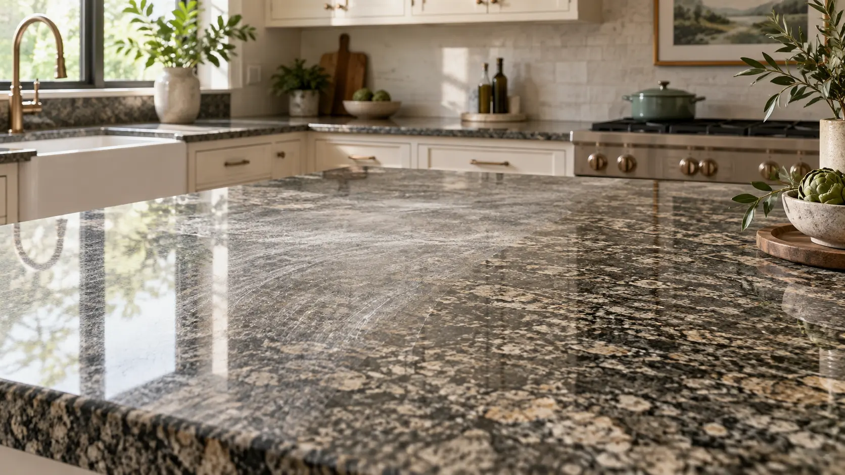 how to clean granite countertops Cleaner haze and a clean dry comparison area on a polished granite countertop