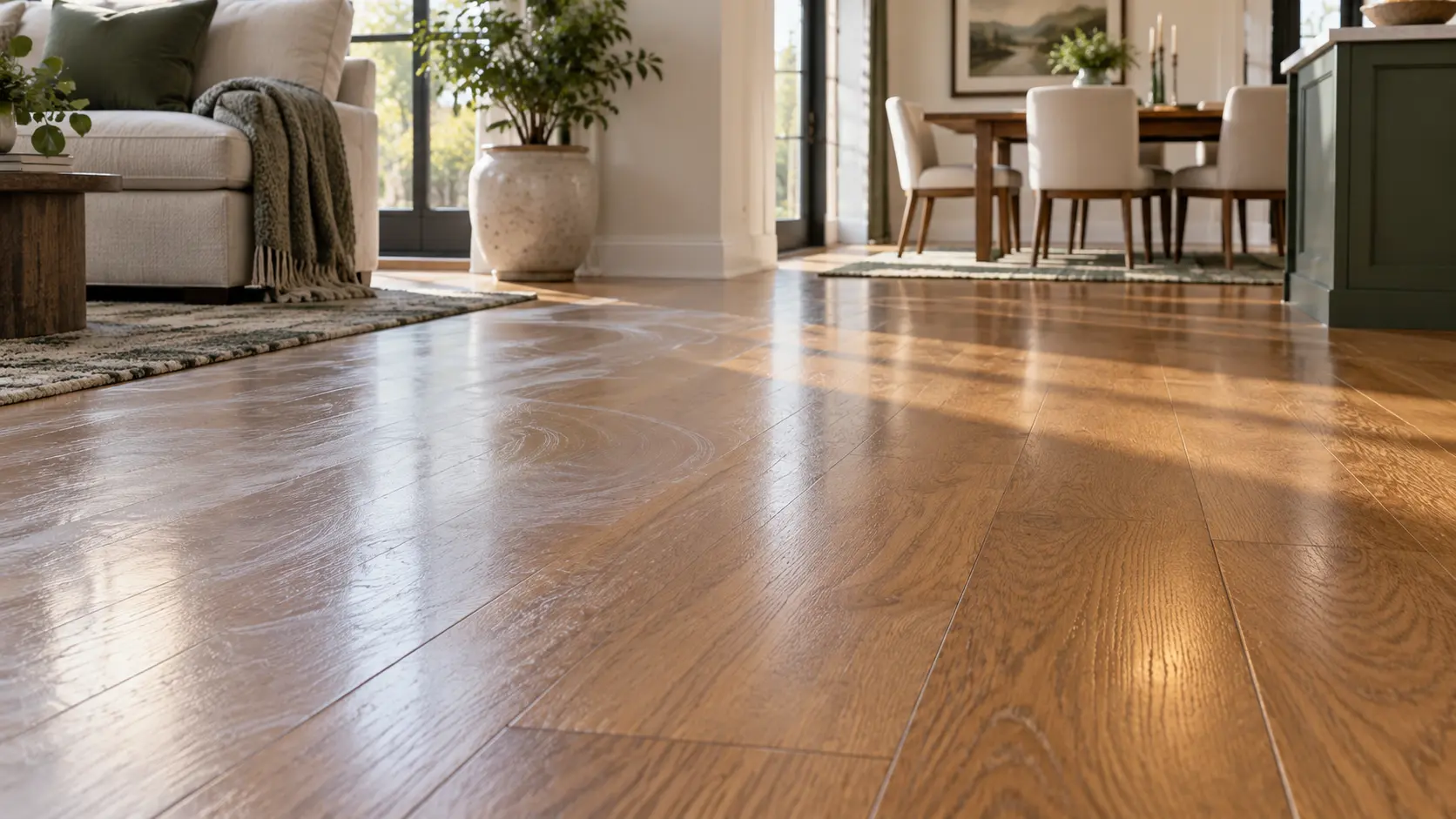 How to clean hardwood floors with cleaner haze beside a clean dry area