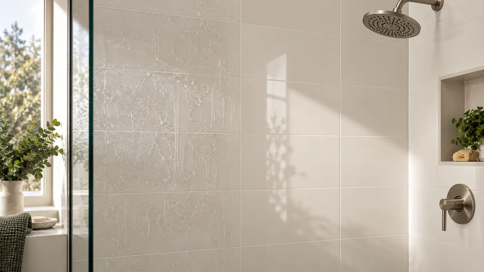 How to clean shower tiles with light soap film beside a clean dry area
